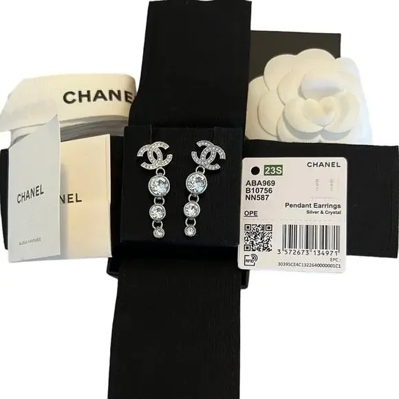 CHANEL Women's Stunning Silver Strass and Crystal CC Long Dangle Earrings - NWT - Picture 3 of 8
